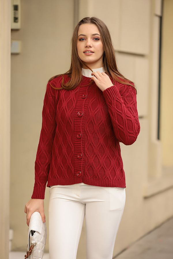 AVORWE-Diamond Patterned Short Knitted Cardigan with Buttons on the Front 1
