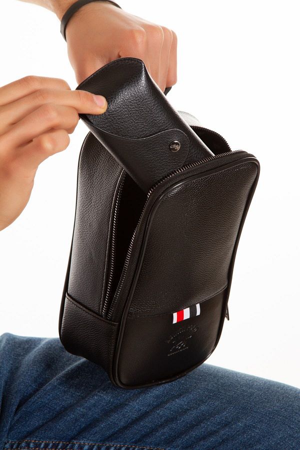 Newish Polo Men s Black Leather Portable Grooming Handbag Shaving Bag Fashionable Shaving Travel Bag Daily Trendyol