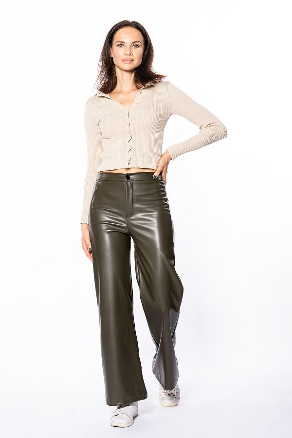 Grenj Fashion Beige Wide Leg Leather Trousers with Pocket Detail - Trendyol