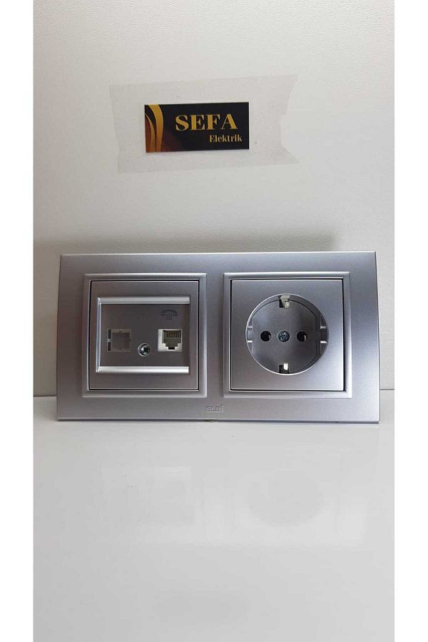 ELBİ-METALLIC GRAY PHONE SOCKET WITH GROUNDED SOCKET WITH FRAME DUAL SUIT ZENA SILVERLINE SERIES 1