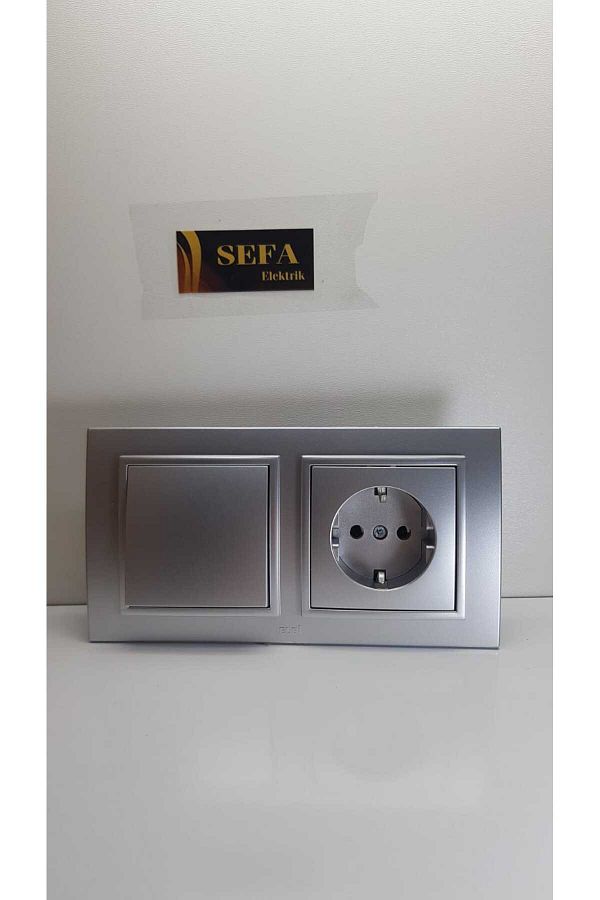 ELBİ-METALLIC GRAY SWITCH GROUNDED SOCKET WITH FRAME DOUBLE SUIT ZENA SILVERLINE SERIES 1