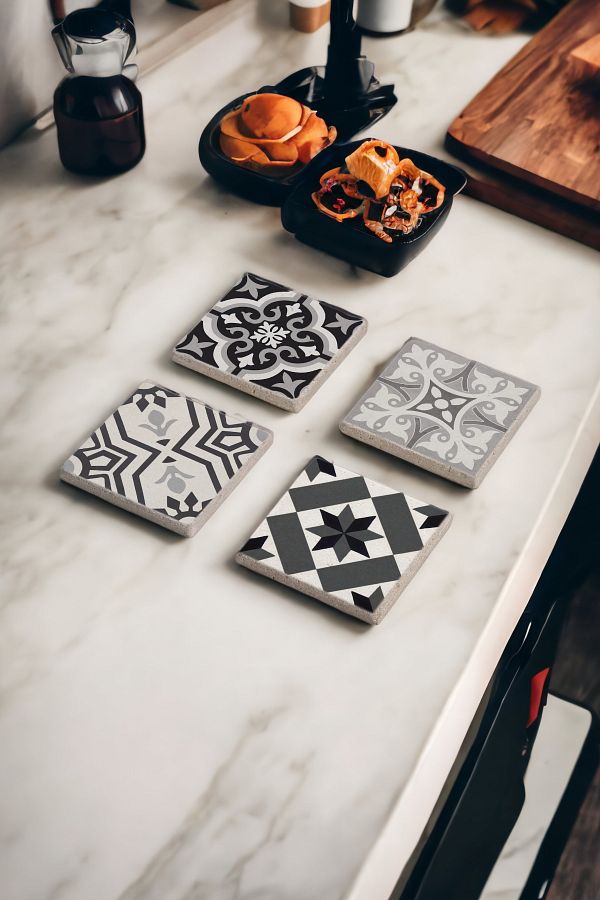Baumatelier-Gray Tile Pattern Natural Stone Travertine Coasters Set of 4 1