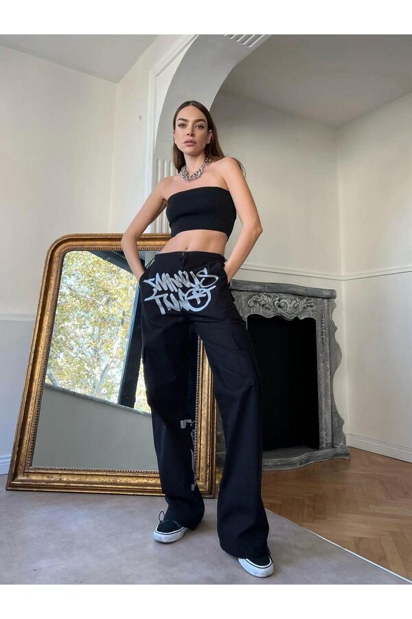 Touz-Unisex Cargo Pocket Elastic Detailed Black and White Printed Baggy Jean 1