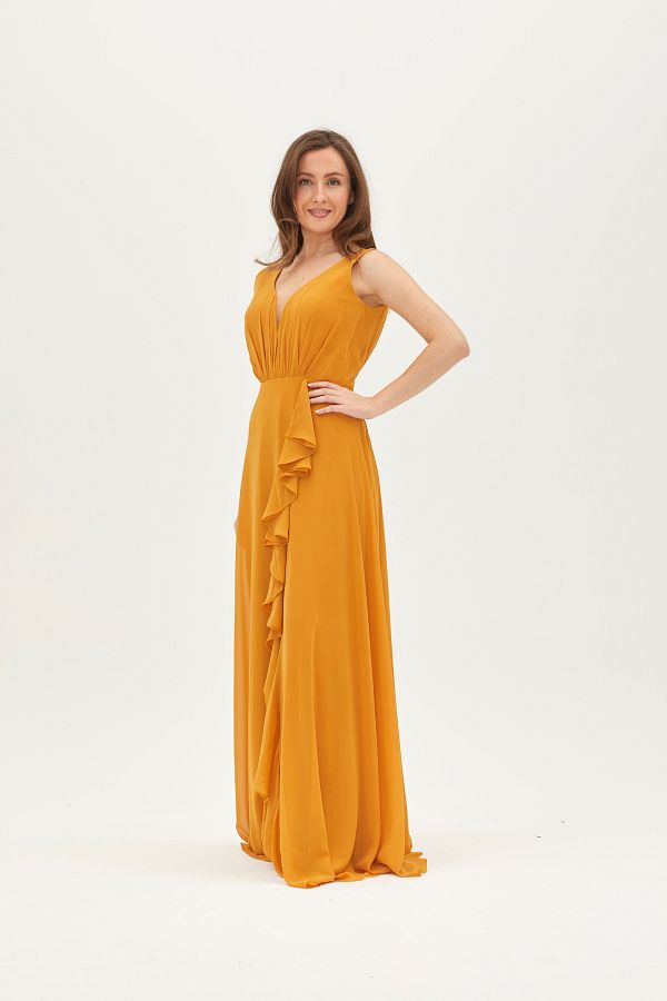 AL S DRESS MUSTARD COLOR SKIRT FRILLED CHIFFON EVENING DRESS Trendyol