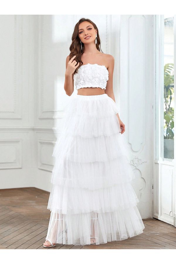 INDRESS STUDIO Women s White Color Layered Tulle Skirt Trendyol