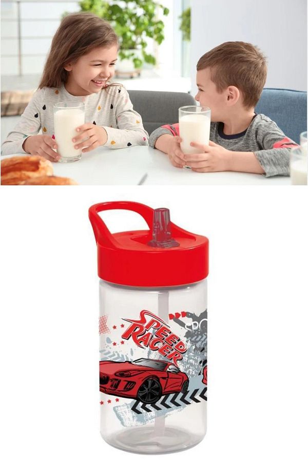 Flosoft-Race Car Children's Flask with Straw, Racer Pattern Water Milk Soft Drink Cup with Lid 430ml 1
