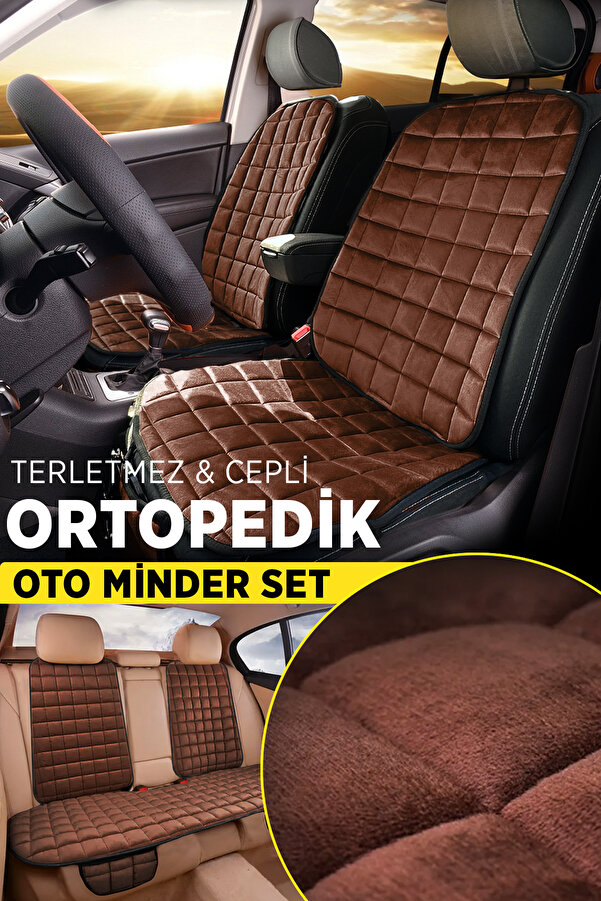 TORPEDO Premium Cepli Ortopedik Oto Koltuk Minder Seti - Koltuk Kılıfı - Ön ve Arka Koltuk Tam Set - Kahve