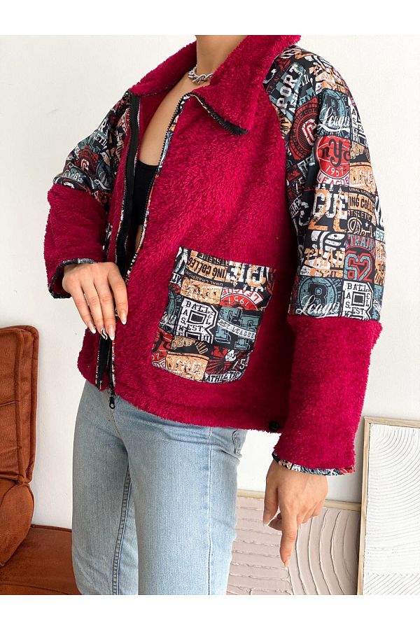 MET AND MARCH-Printed Pocket Detailed Zippered Red Plush Jacket 1