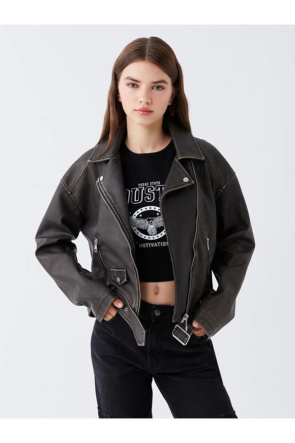 LC Waikiki LCW Casual Women s Biker Collar Plain Leather Look Coat Trendyol