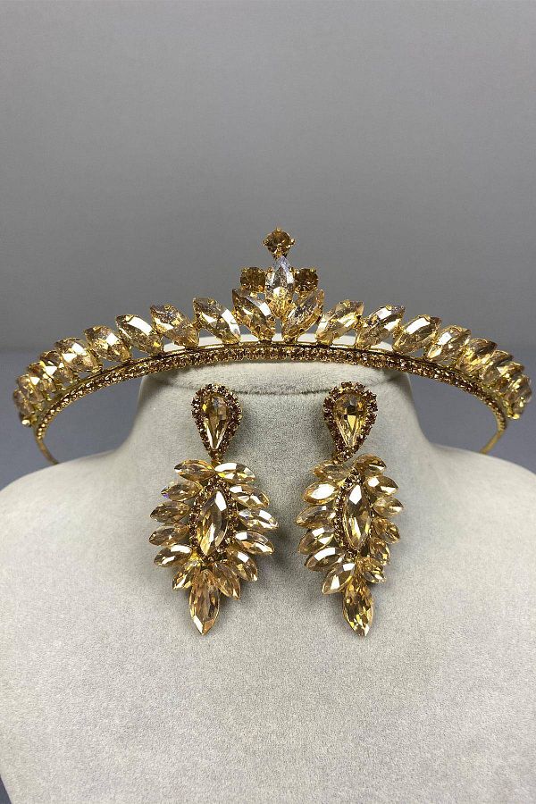Hobigram-Set de coroană de mireasă și cercei cu piatră de picătură, model Ilayda, culoare miere – coroană, piatră de cristal, model elegant – 1