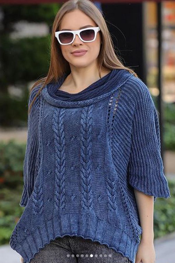 AYASOFYA OTANTIK Women s Navy Blue Shawl Collar Braided Bat Sleeve Loose Cotton Knitwear Blouse Sweater Trendyol