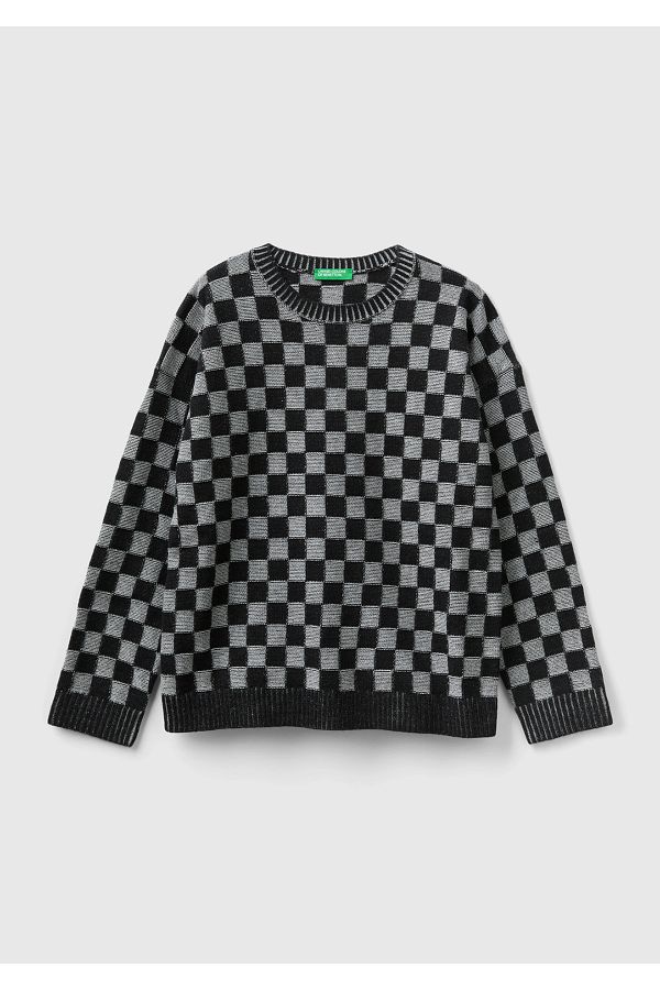 United Colors of Benetton-Boy's Black Micro Checkerboard Patterned Sweatshirt 1