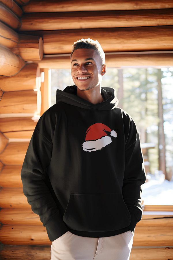 JDM Christmas Santa Claus Hat Printed Unisex Black Hoodie Sweatshirt Trendyol