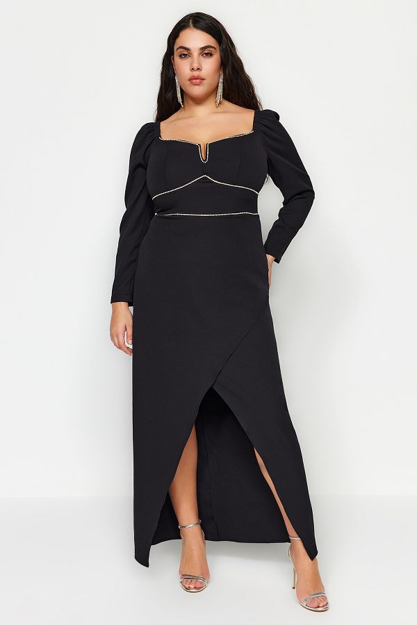 Trendyol Curve-Black Jewelled Embroidered Woven Evening Dress with Long Sleeves and Slits - TBBAW24AD00001 1