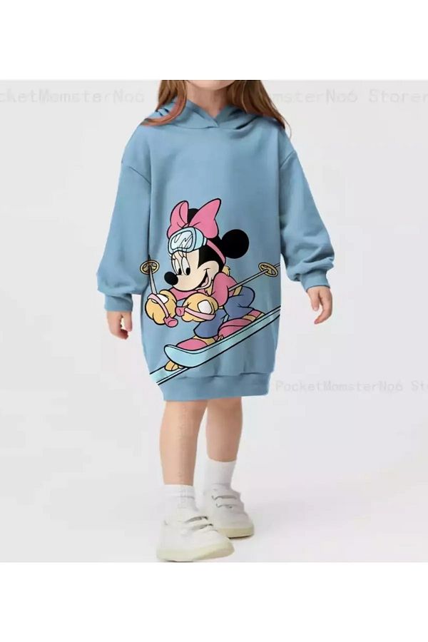 Machetta Hooded Baby Blue Minnie Mouse Printed Full Winter Girl s Hoodie Dress Trendyol