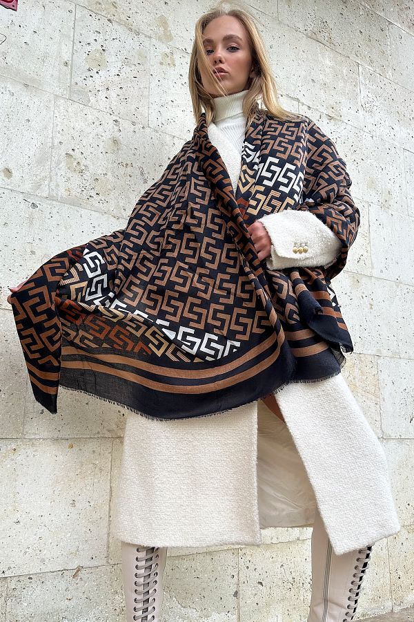 Trend Alaçatı Stili-Kaffeeschwarzer Schal mit Quastendetail und Muster für Damen ALC-X11281 1