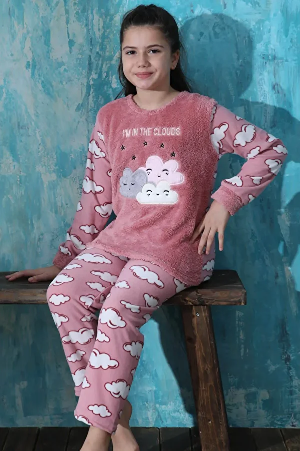 Pijamaevi-Pink Moon Cloud Patterned Girl's Plush Pajama Set 1