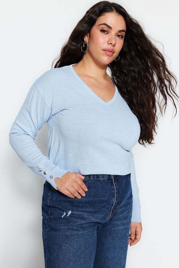 Trendyol Curve Baby Blue V Neck Button Detailed Knitwear Sweater TBBAW23AN00043 Trendyol