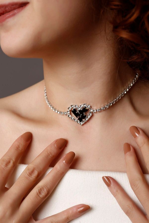 HUBANN Black Stone Heart Choker Necklace Stylish Stone Choker Waterway Choker Necklace Choker Silver Plated Trendyol