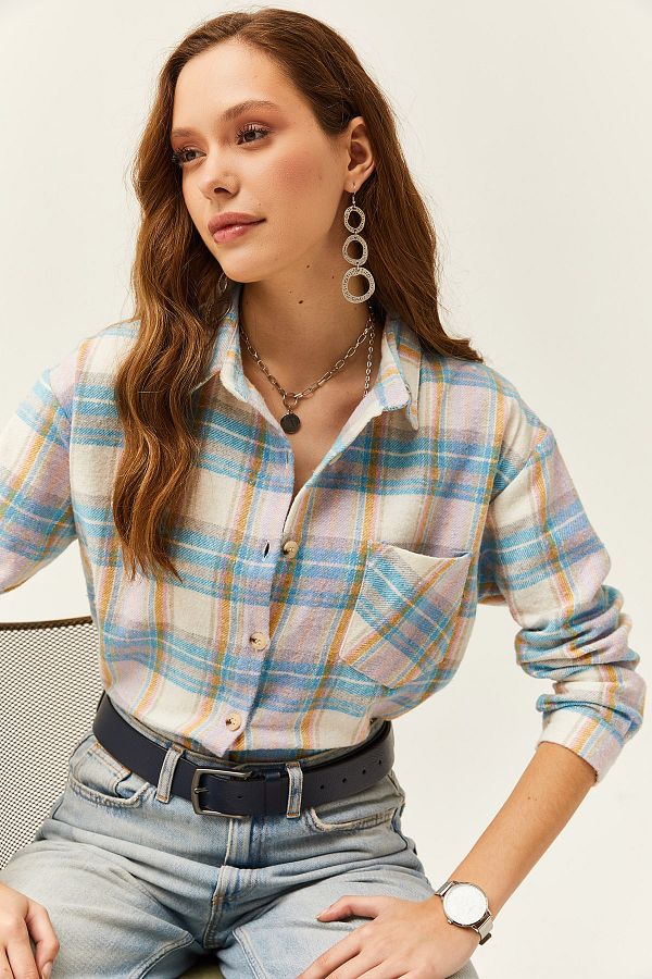 Olalook Women s Baby Blue Lilac Single Pocket Plaid Lumberjack Shirt GML 19001163 Trendyol