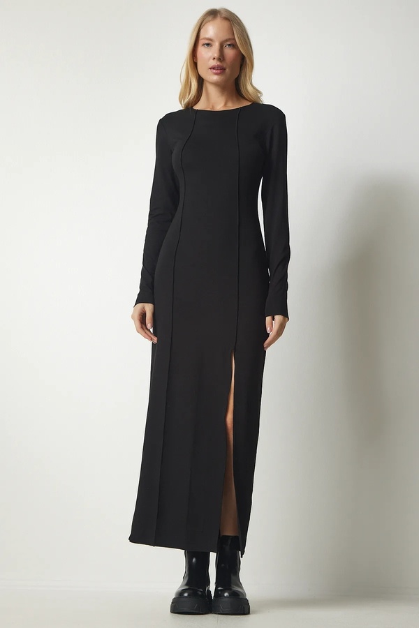 World Fashion Trends Women's Black Slit Stitched Long Viscose Dress