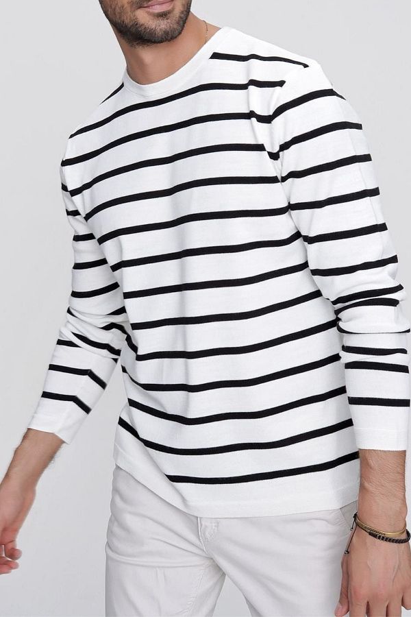 COOL TARZ-Pulover alb pentru bărbați, tricot casual cu dungi 1