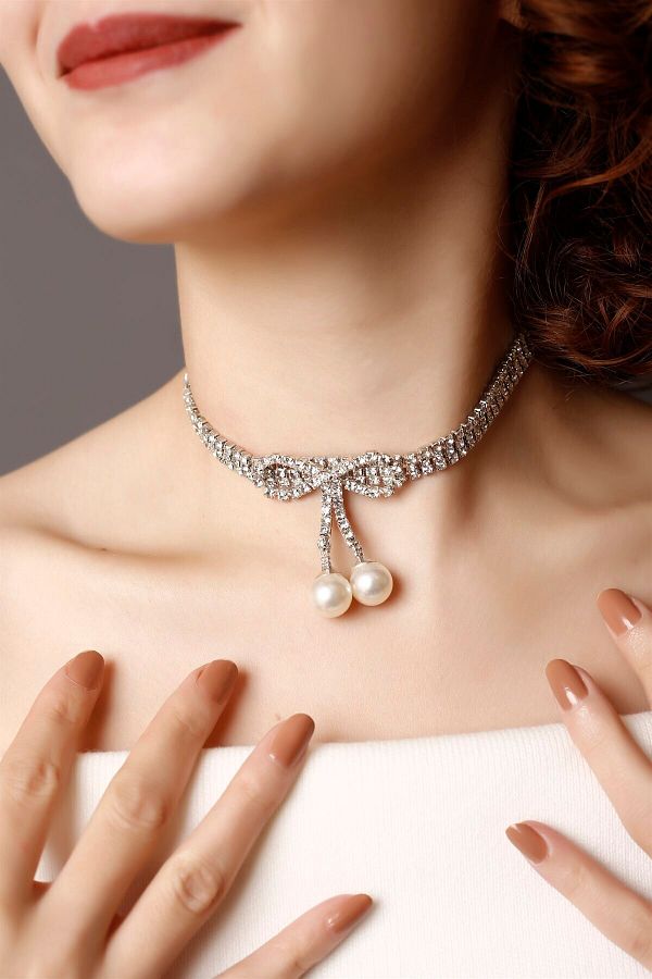 HUBANN Pearl Bow Choker Necklace Stone Choker Waterway Choker