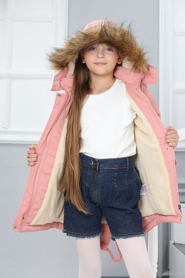 Wild Flower Hooded Long Girl s Winter Coat with Fleece Inside Trendyol