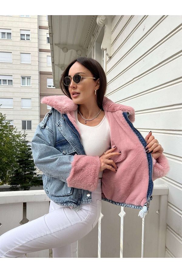 BEN MOLMALI Women s Furry Denim Coat Camel Black White Pink Coat Trendyol