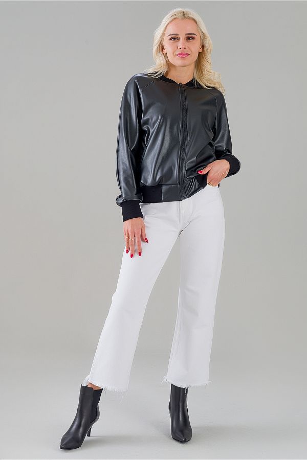Bold Young Women s Faux Leather Camisole Fleece Inside Zipper Pocket Bomber Coat Trendyol