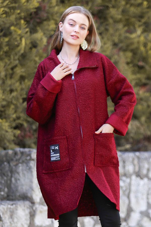 Luisido Women s Italian Claret Red Jacket Collar Zippered Boucle Coat Trendyol