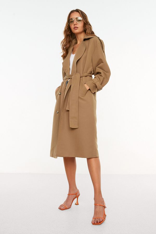 Trendyol Collection Oversize Mink Trench Coat Water Repellent Long Trench Coat with Belt and Windbreaker Detail Twoss21Tr0005 Trendyol