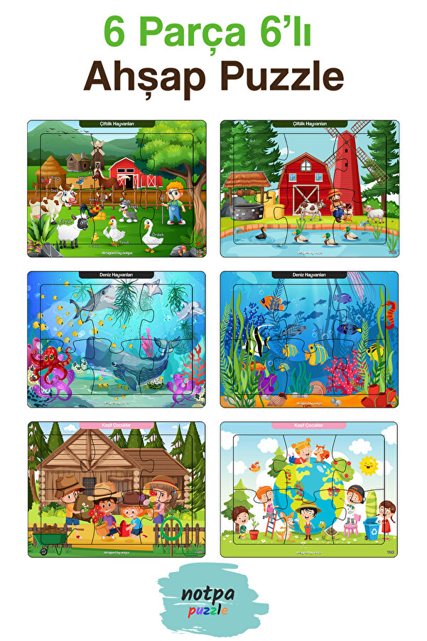 kutuTR Notpa Çocuklar Için Eğitici Ve Öğretici Ahşap 6 Parça 13x17 Renkli Puzzle 6'lı Set-601