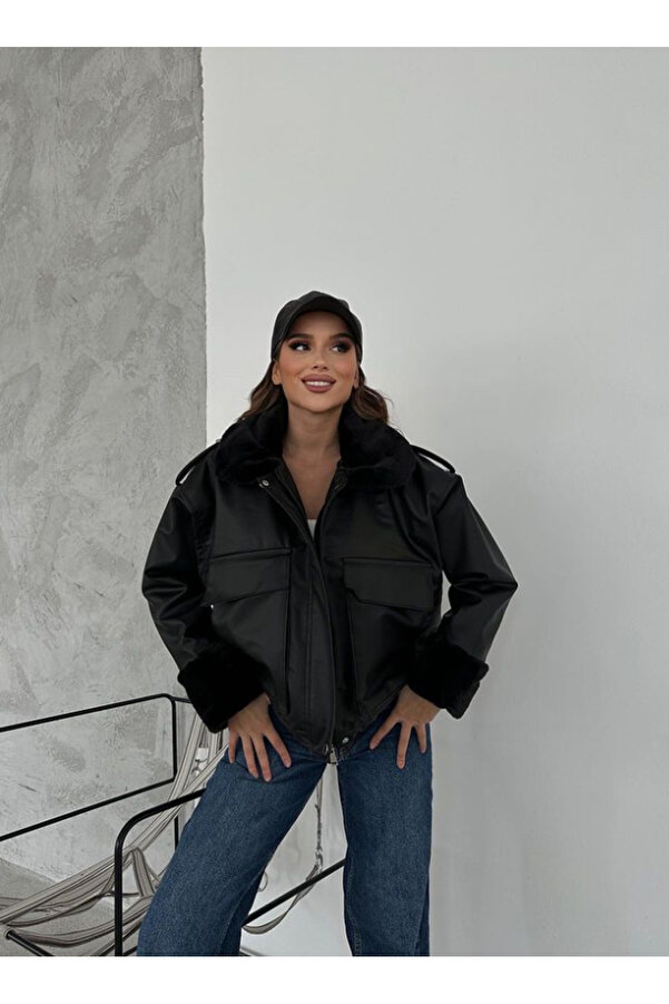 VOLT CLOTHİNG Damen Ledermantel mit Kragen und Fell innen