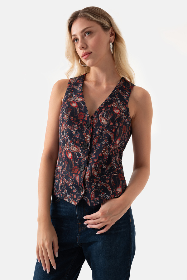 Just Like You-Navy Blue Shawl Patterned - Buttoned and Lined Women's Vest 1
