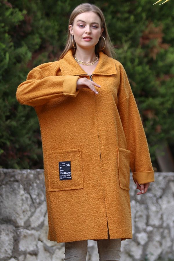 Luisido Women s Italian Mustard Jacket Collar Zippered Boucle Coat Trendyol