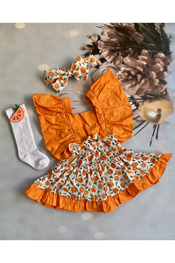 Mini Kids Baby Kız Bebek Turuncu Portakal Desenli Salopet Çorap Bandana Set