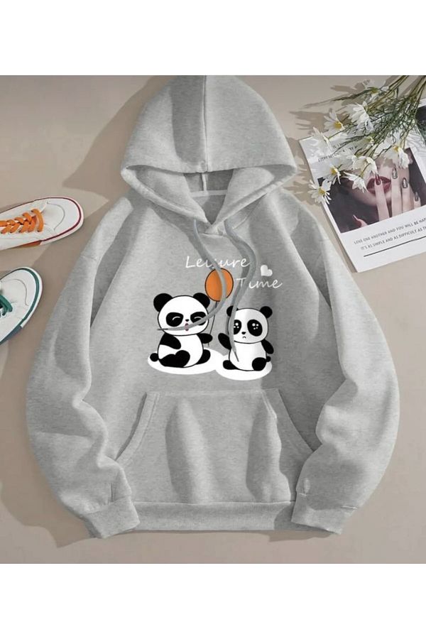 tolstoy LEISURE PANDA PRINTED GRAY HOODED UNISEX SWEATSHIRT HOODIE Trendyol