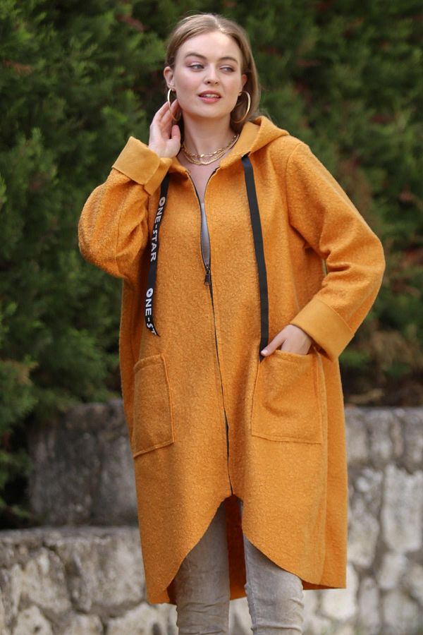 Luisido Women s Italian Mustard Hooded Zippered Boucle Coat Trendyol