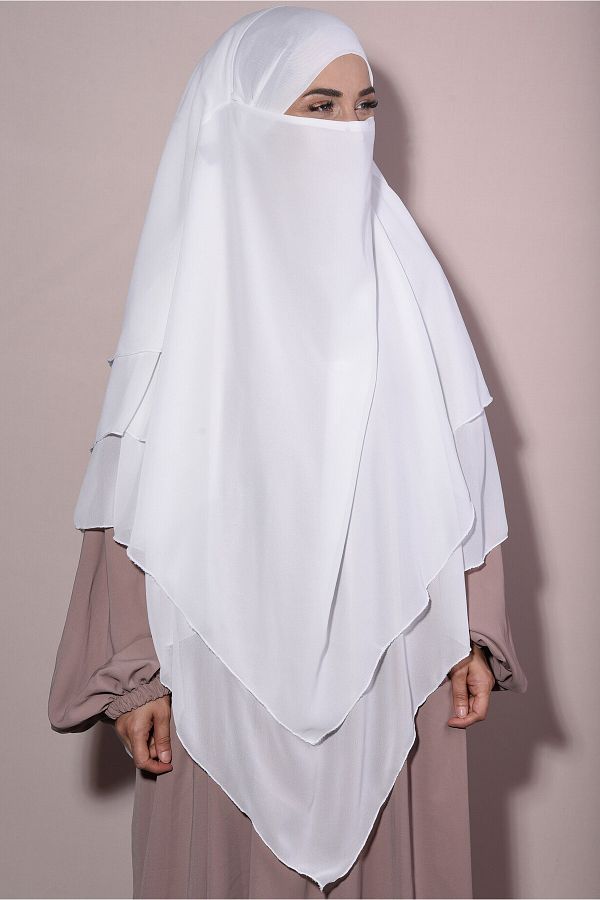 Tek Tesettür Giyim-Chiffon Ready Veiled Souffle Three Layer Ecru - Ecru 1