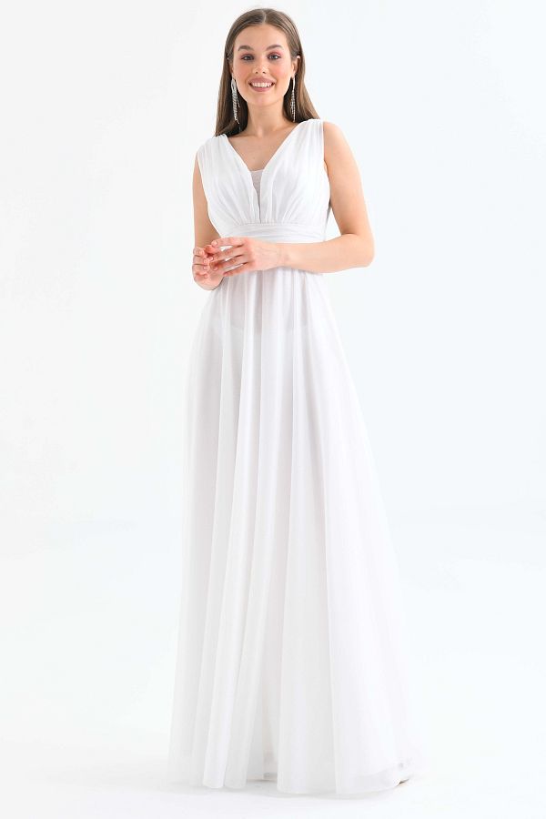 vuvutasarım-Sparkling Silvery Fabric Thick Strap V-Neck Princess Cut Maxi Length White Evening Dress 9223 1
