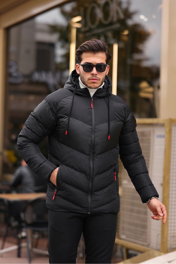 Black puffer jacket with red inside sales