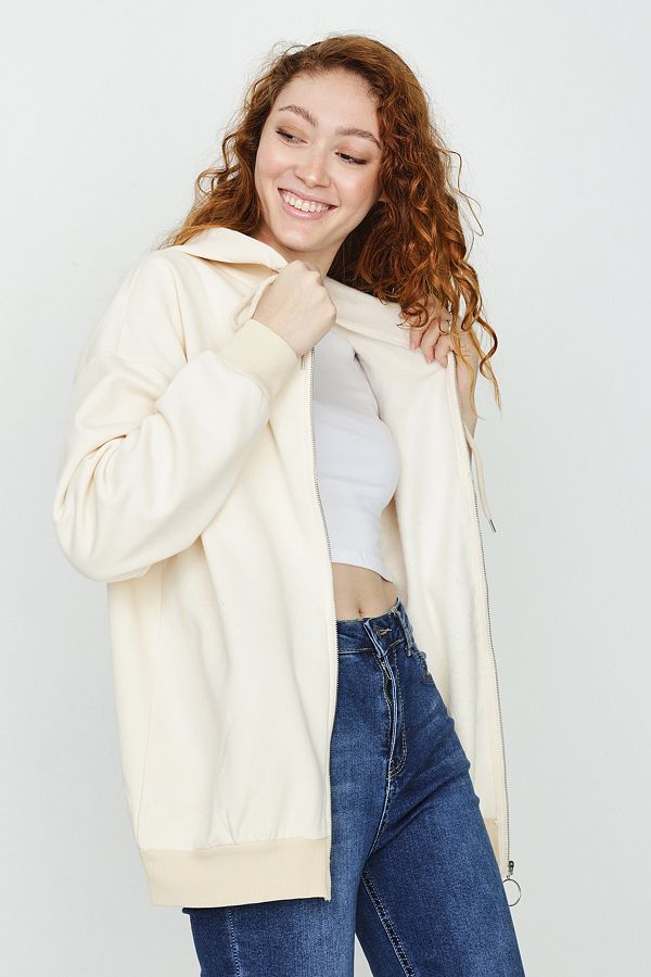 Select Moda-Hanorac crem cu glugă și fermoar pentru femei 1