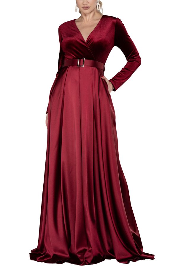 Arden Evening Dress Black Velvet V neck Top Satin A line Flared Skirt Long Sleeve Youth Plus Size Evening Dress 38 48 Trendyol