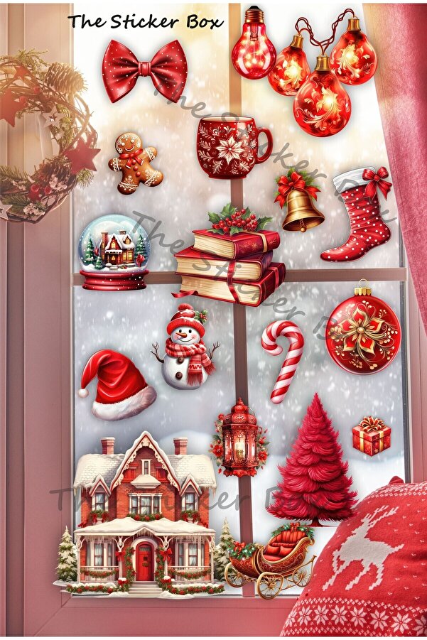 Think And Print Yılbaşı Duvar Sticker Seti, Işıklı Karlı Kırmızı ev Ve Yeni Yıl Kardan Adam Yılbaşı Süsü Seti