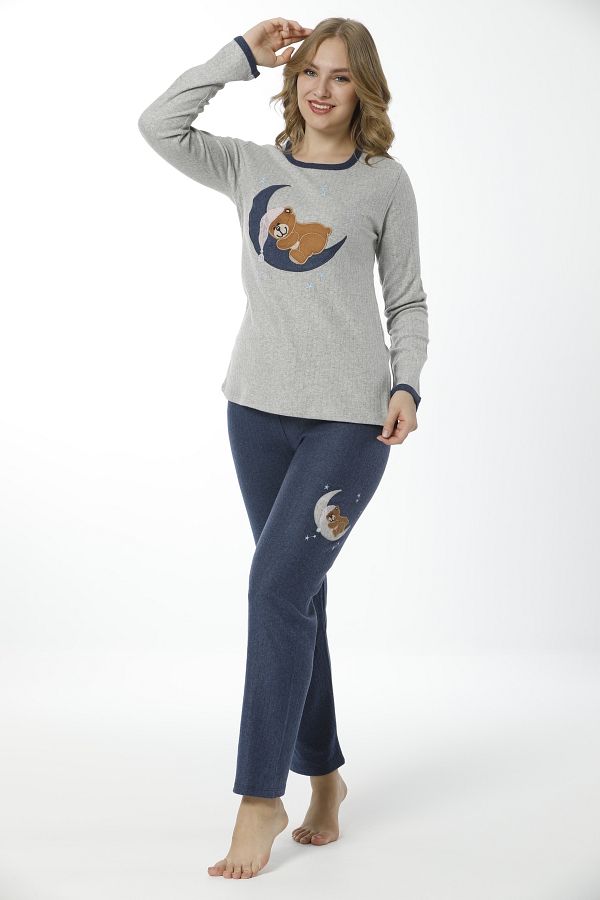 Berel Giyim-Gray Navy Blue Colored Moon Teddy Bear Embroidered Long Sleeve Women's Pajama Set 1
