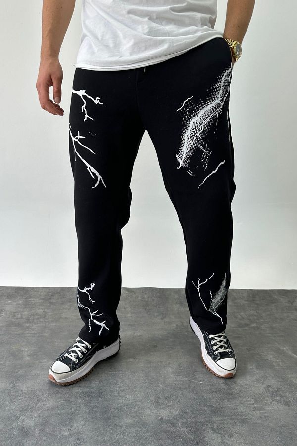 MADZEYMODA Men s Baggy Lightning Bolt Printed Black Sweatpants