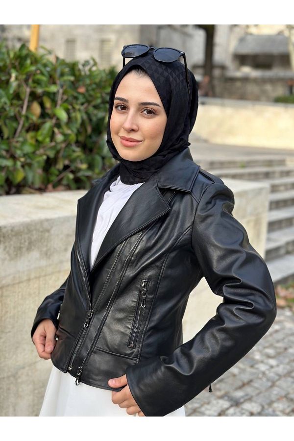 MALV NEYU Genuine leather black double zipper jacket Trendyol