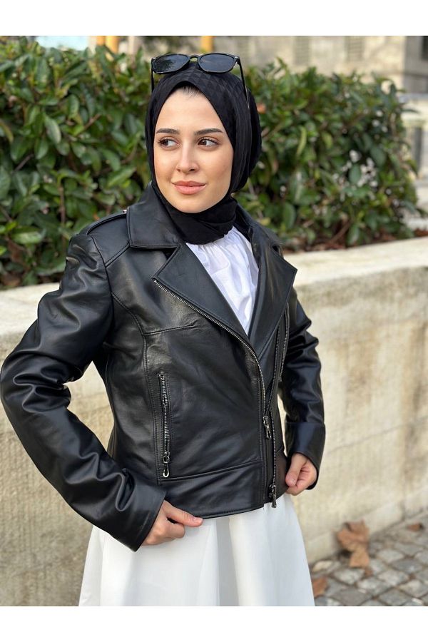 MALV NEYU Genuine leather black double zipper jacket Trendyol