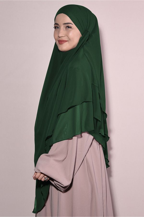 Tek Tesettür Giyim-Three-Layer Souffle with Chiffon Veil Khimar Emerald Green - Emerald 1
